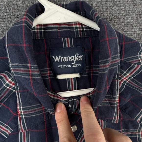 VTG Wrangler Short Sleeve Men Pearl Snap Up Shirt Adult Western Plaid Blue Red L - Picture 8 of 13